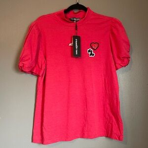 NWT Karl Lagerfeld Sz Med Women’s Red Short Twist Sleeve Patch Logo Top Rt $59